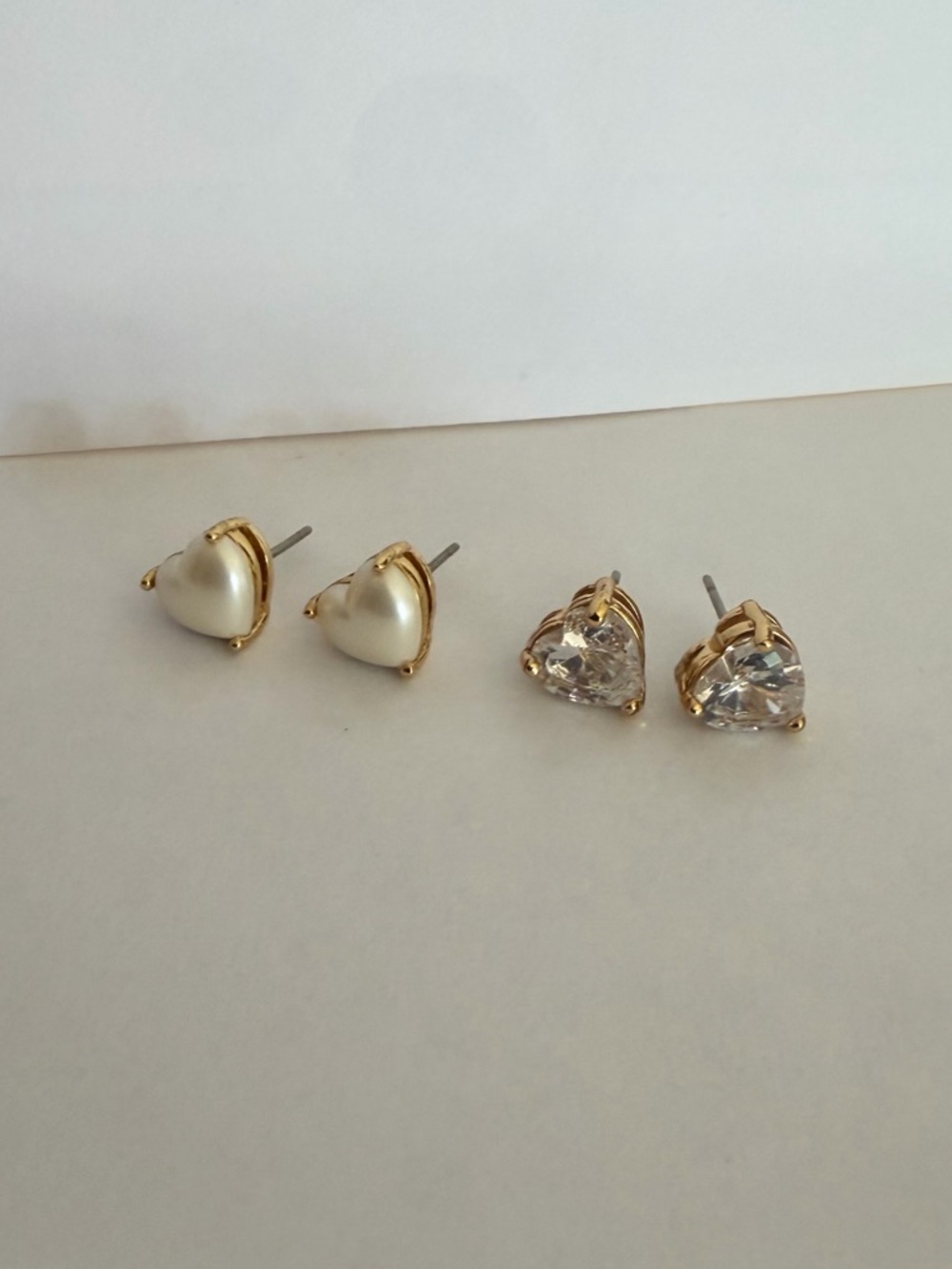 Kate Spade Gold Heart Stud Earrings Set with Pearl and Clear Crystal